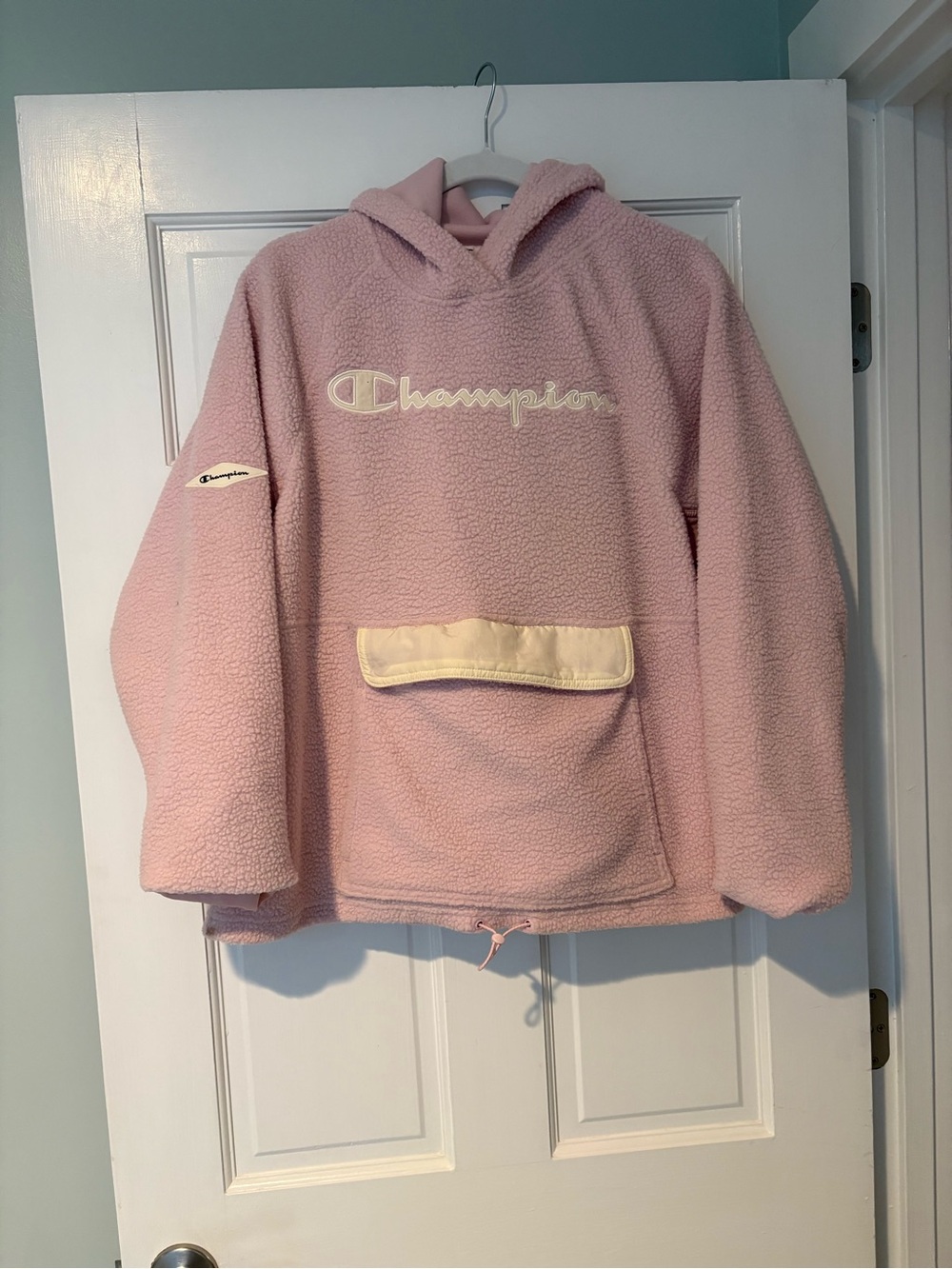 Champion Pink Sherpa Hoodie with Cream Pocket Trim